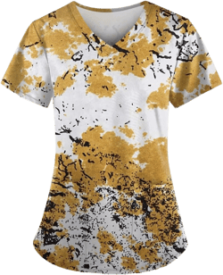 Generic Scrubs Women Short Sleeve Floral Printed Scrubs Tops V Neck Working T-Shirts Soft Stretch Blouses with Pocket 5-orange 4X-Large