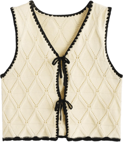 Verdusa Women's Old Money Bow Tie Crochet Sweater Vest Contrast Binding Knot Front V Neck Knit Top Small Beige