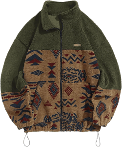 ZAFUL Men Ethnic Aztec Printed Fluffy Fuzzy Jacket Plush Fleece Casual Stand Collar Zip Outwear Cardigan Coat with Pockets XX-Large A-army Green