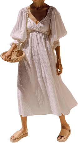 R.Vivimos Women's Summer Boho Cotton Puff Sleeve Dress Swiss Dots Lace Up Smocked Casual A-Line Flowy Midi Dress X-Large White