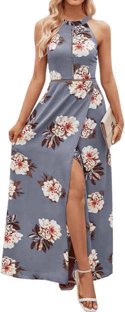ZESICA Women's Summer Halter Neck Floral Print Backless Split Beach Party Maxi Dress Small Grey