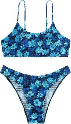 SweatyRocks Women's Floral Print 2 Piece Spaghetti Strap High Cut Bikini Set Smocked Bathing Suit