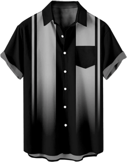 Men's Bowling Shirts Retro Striped Button Down Hawaiian Shirt Short Sleeve Color Block Summer Beach Blouse Black X-Large