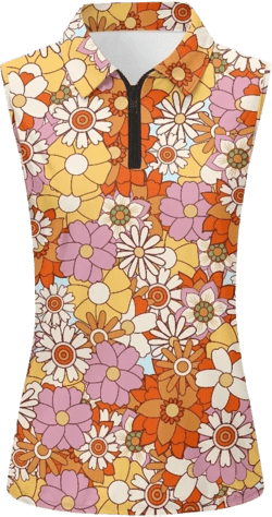 Sleeveless Golf Shirts for Women Lightweight Casual Loose V Neck Zip Up Tank Top Tennis Shirts for Women Plus Size Medium Orange Daisy