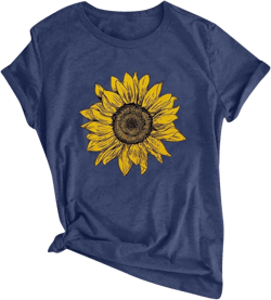 Women T-Shirt Casual Cute Tops Graphic Tee Crew Neck Short Sleeve Sunflower Heart Print Loose Summer Tops Tshirts 07navy Small