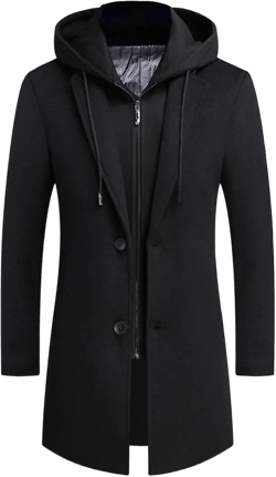 APTRO Men's Wool Trench Coat Winter Hoodie Coat Premium Business Wool Jacket Hoodie Black X-Large