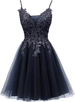 Short Prom Dress V Neck Homecoming Dress Lace Appliques Tulle Adjustable Spaghetti Straps Cocktail Dress for Girls Women Navy Blue US10
