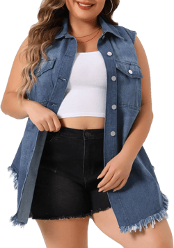 Agnes Orinda Women's Plus Size Button Up Frayed Hem Shacket Sleeveless Denim Jean Jacket Vest 3X Dark Blue
