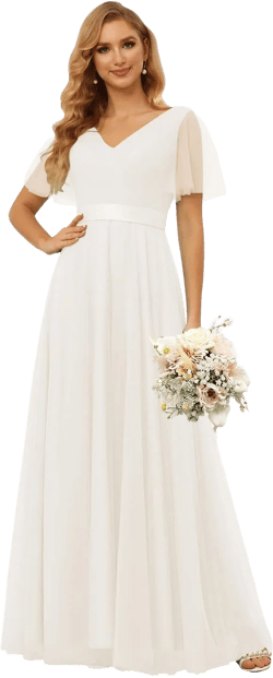 Miao Duo Women’s Flutter Sleeve Tulle Bridesmaid Dresses Long V Neck Empire Waist Formal Dress YZTS101 Ivory 16 Plus