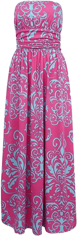 Women's Summer Boho Strapless Midi Dresses High Waist Vintage Floral Print Maxi Long Dress with Pockets Rose Pink XL