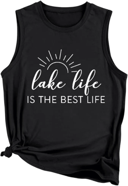 FORHVIPS Womens Funny Vintage Lake Life Tank Top Graphic Tee Sleeveless Funny Humor Gifts Vacation Tanks Shirt Small Black