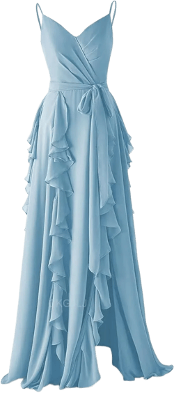 Spaghetti Strap Chiffon Bridesmaid Dress with Slit Ruffle Formal Dresses for Women Party Evening Gown Maxi Gowns 16 Dusty Blue