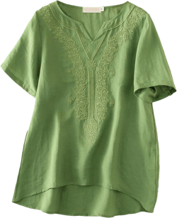 Minibee Women's Linen Shirts Summer Boho Tops Cotton Blouse V Neck Short Sleeve Embroidered Tunic XX-Large Green