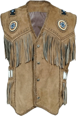 Western Style Suede Leather Vest for Men with Native American-Inspired Design, Fringes, Beads & Braid