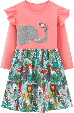 HILEELANG Girl Long Sleeve Dress Ruffle Solid Color Cotton Casual Tiered Pleated Twirly Dress 23pc08#pinkelephant 7 Years