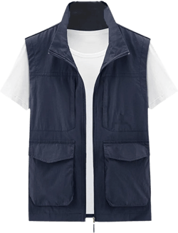 keusyoi Men Vest Solid Color Outdoor Cargo Vest Loose Thin Multi-Pocket Vest Male Utility Vest Sleeveless Jacket Waistcoat