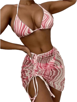 JEsilunmaMY Womens 3 Piece Bikini Sets Mesh Halter Striped Bikini Thong Swimwear Lace Up Cover Ups Beach Skirt Bathing Suit US SIZE S Asia M Red
