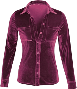 Women's Velvet Shirt Vintage Solid Button Down Blouses Loose Elegant Velour Long Sleeve Tops Shirts with Pockets A02-purple Small