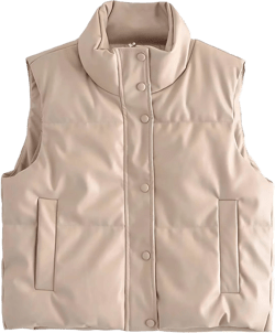 Women Winter Warm Solid Color Crop Waistcoat Sleeveless Lightweight Stand Collar Double Sided Jacket Puffer Vest Beige Medium