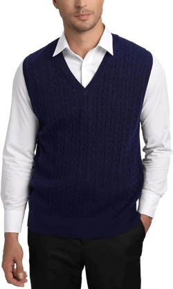 Kallspin Men’s Wool Blended Cable Knit Sweater Vest V Neck Relaxed Fit Sleeveless Pullovers XX-Large Tall Navy Blue