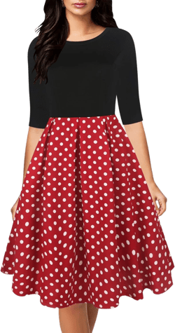 oxiuly Women's Vintage Half Sleeve O-Neck Contrast Casual Pockets Party Swing Dress OX253 XX-Large Bk-reddot