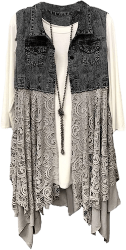 FindThy Women’s Denim Vest Sleeveless Ripped Draped Patchwork Cardigan Jean Vest with Irregular Lace Extender Hem Black Medium