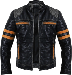 CHAYELL Mens Orange Stripes Quilted Cafe Racer Retro Motorcycle Vintage Black Biker Genuine Leather Jacket
