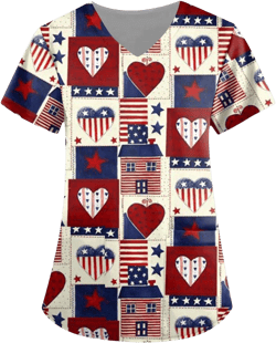 4th of July Scrub Tops Women Patriotic Stretch Plus Size American Flag Print Nurse Uniform Holiday Scrub Tops 2 Pockets P2-red X-Large