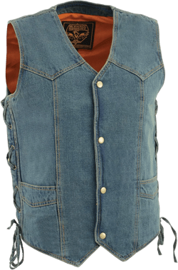 MILWAUKEE'S Men's Western Style Look Denim Vest w/Side Lacing (Black or Blue Versions) Large Blue
