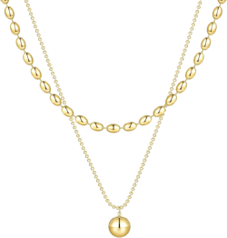 KissYan Gold Layered Beaded Necklace, 14K Gold Plated Drop Pendant Necklace for Women, High-Polished Adjustable Stackable Trendy Fashion Jewelry Gifts 02-Gold beaded pendant