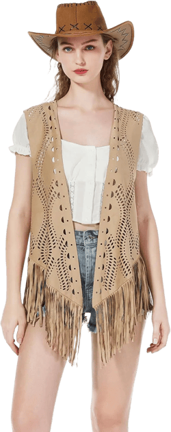 Women Fringe Tassel Vest Trim Sleeveless Cowgirl Vest 70s Hippie Faux Suede Waistcoat Jacket Cardigan Top One Size Khaki