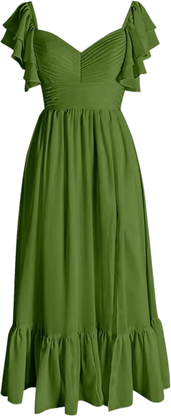Bridesmaid Dresses for Women Wedding Guest Ankle Length Ruffle Sleeves A-Line V Neck Formal Party Dresses with Slit Olive Green 2