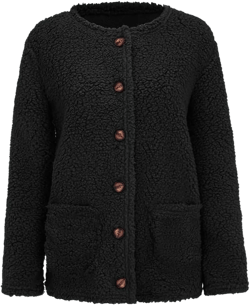 Winter Coats for Women 2023 Fuzzy Fleece Sherpa Jacket Warm Outerwear Button Down Long Sleeve Cardigan Plush Sweater Large 01-black