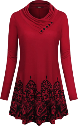 Gaharu Women's Long Sleeve Button Cowl Neck Floral Printed Casual Tunic Tops