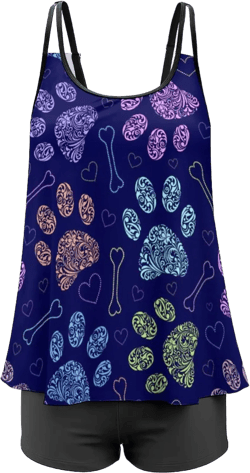 Novelty Tankini Swimsuits Sets for Women - Floral Animal Paw Print Blue - Tummy Control Flowy Swimwear Two Piece Tankini Bathing Suits Modest Racerback Tops with Boyshorts, S