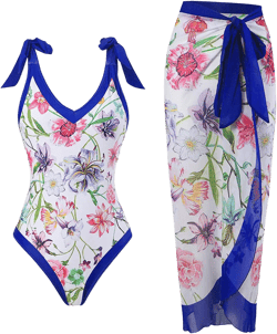 Deals of The Day Clearance Women's One Piece Swimsuit with Matching Cover Ups Wrap Skirt Sarong Retro Floral Print Two Piece Bathing Suit Women's one-Piece Swimsuits Pink S
