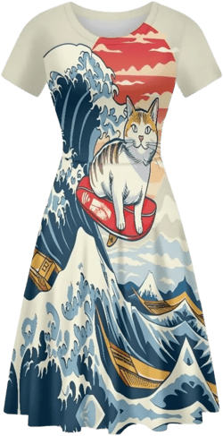 ENLACHIC Women's Summer Short Sleeve Sunflower Print Casual T Shirt Flowy Swing Dresses XX-Large Kanagawa Great Wave Cat