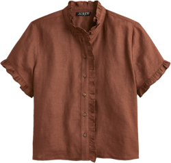 Ruffle-trim button-up shirt in linen