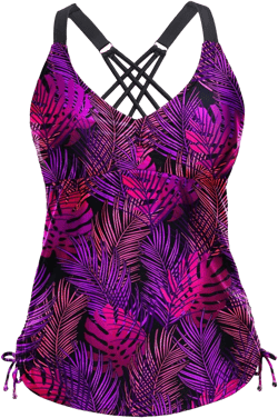 Tempt Me Women Tankini Top Only V Neck Swim Tops Tummy Control Bathing Suit Top No Bottom Purple Leaves Large