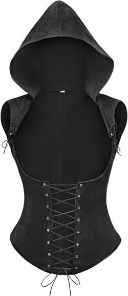 FURPHI Women’s Steampunk Underbust Corset Vest with Hood Faux Leather Sleeveless Medieval Gothic Costume Small Black