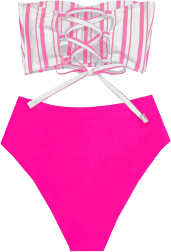 SweatyRocks Women's Bathing Suits Striped Bandeau Bikini high Waisted Swimsuits Swimwear Set X-Large Hot Pink White