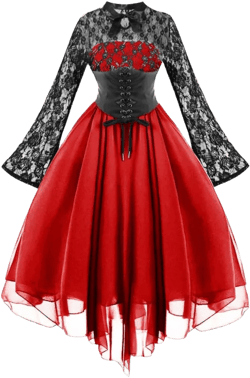 IWEMEK Women Steampunk Gothic Dress with Corset Floral Lace Cocktail Swing Dress Handkerchief Halloween Steam Punk Dress Large Red-bell Sleeve