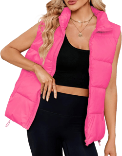 Zando Womens Puffer Vest Zip Up Stand Collar Jacket Coat Warm Winter Outerwear Sleeveless Padded Gilet Black Vests Fashion Casual Oversized Brown Puffy Vest with Pocket Hot Pink S