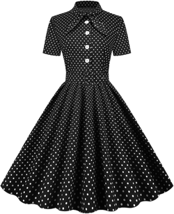 Women Short Sleeve 1950s Retro Vintage Cocktail Party Swing Dress with Belt Buttons Bow Tie Mock Neck Audrey Hepburn Polka Dot Dress 50s 60s Fit and Flare A Line Rockabilly Prom Dress Black-Polka S