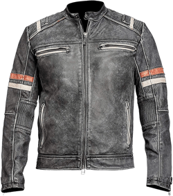 SpazeUp Mens Retro Black Distressed Leather Biker Jacket | Vintage Motorcycle Leather Jackets for Men Large B. Retro 2 Faux Leather