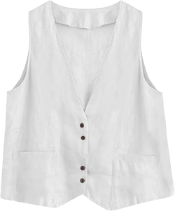 Cotton Linen Vests for Women 2023 Fashion Sleeveless Button Down Blazer Jacket Summer Casual Loose Vest Outerwear XX-Large A Light Gray