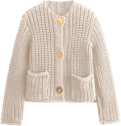 Womens Fall Chunky Knit Cardigan Gold Button Down Long Sleeve Crop Crochet Sweater(Beige-M), Medium