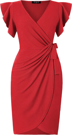 oten Womens Deep V Neck Ruffle Sleeve Sheath Casual Cocktail Party Work Faux Wrap Dress Red X-Large