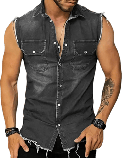 MARSVOVO Mens Sleeveless Denim Shirt Beach Denim Button Down Tank Tops Basic Sleeveless Solid Jean Vest with Pockets Medium Black