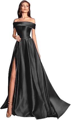 SDRESS Women's Elegant Prom Dresses Satin Off Shoulder Side Split A Line Bridesmaid Evening Party Gown with Pockets 16 Black